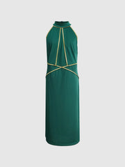 Plus Size Women's Dress Halter Neck Sleeveless Gold Trim Solid Fitted Dress Elegant Dress Spring Summer Chic Dress Party Dress