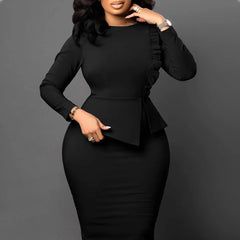 Women 2024 Autumn Pencil Dress Round Collar Full Sleeve Slim Vestidos Solid Tight Waist Temperament Office Lady Folds Dresses