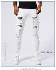 White 97% Cotton Jeans Men Clothing New Ripped Slim Patchwork Fashion Hole Skinny Elasticity Denim Trousers Male Streetwear
