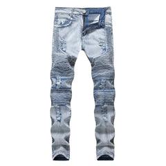 Trendy Brand Motorcycle Men's Jeans Unique Ripped Slim Fit Streetwear High Elasticity Smooth Slimming Effect Casual Denim