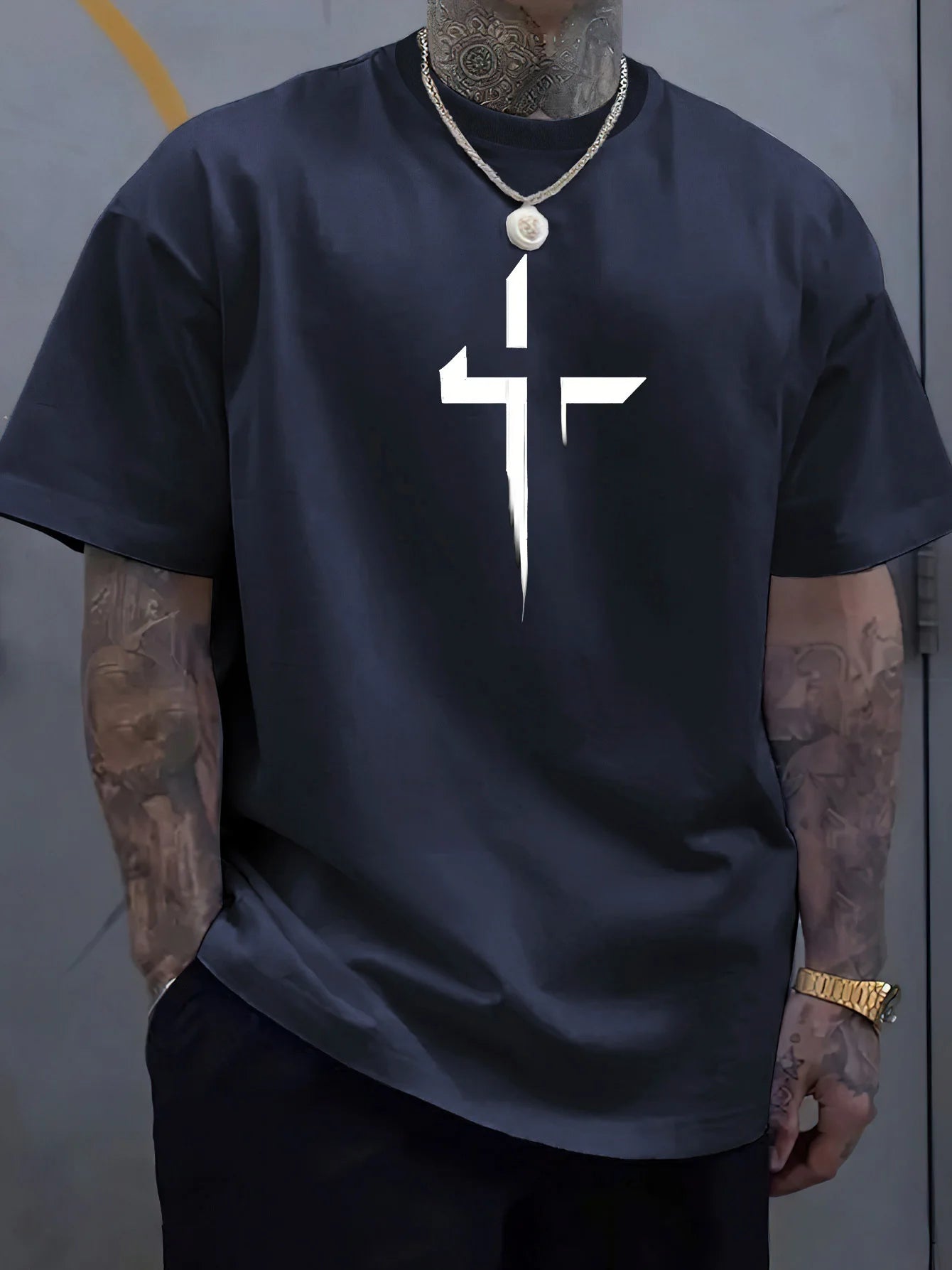 Summer men's 100% pure cotton casual loose plus size Cross Creative printed sports