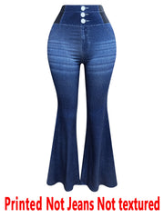 [Printed Pants - Not Faux Denim Fabric]2D Printed Faux Effect, Printed Flared Trousers - ,
