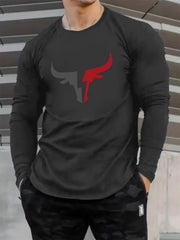 Men's 100% pure cotton loose fit plus size comfortable casual sports bull pattern printed round neck long sleeved T-shirt top