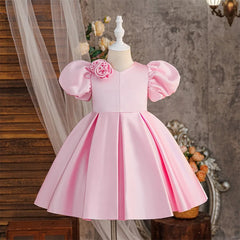 Girls Pink Puff Sleeve Knee Length Dress Kids Dresses for Girls Summer Children Girls Birthday Party Dress 8-12 Years ASQ03