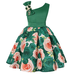 New diagonal shoulder children's dress rose print dress dress Girl party dress festival performance dress ins