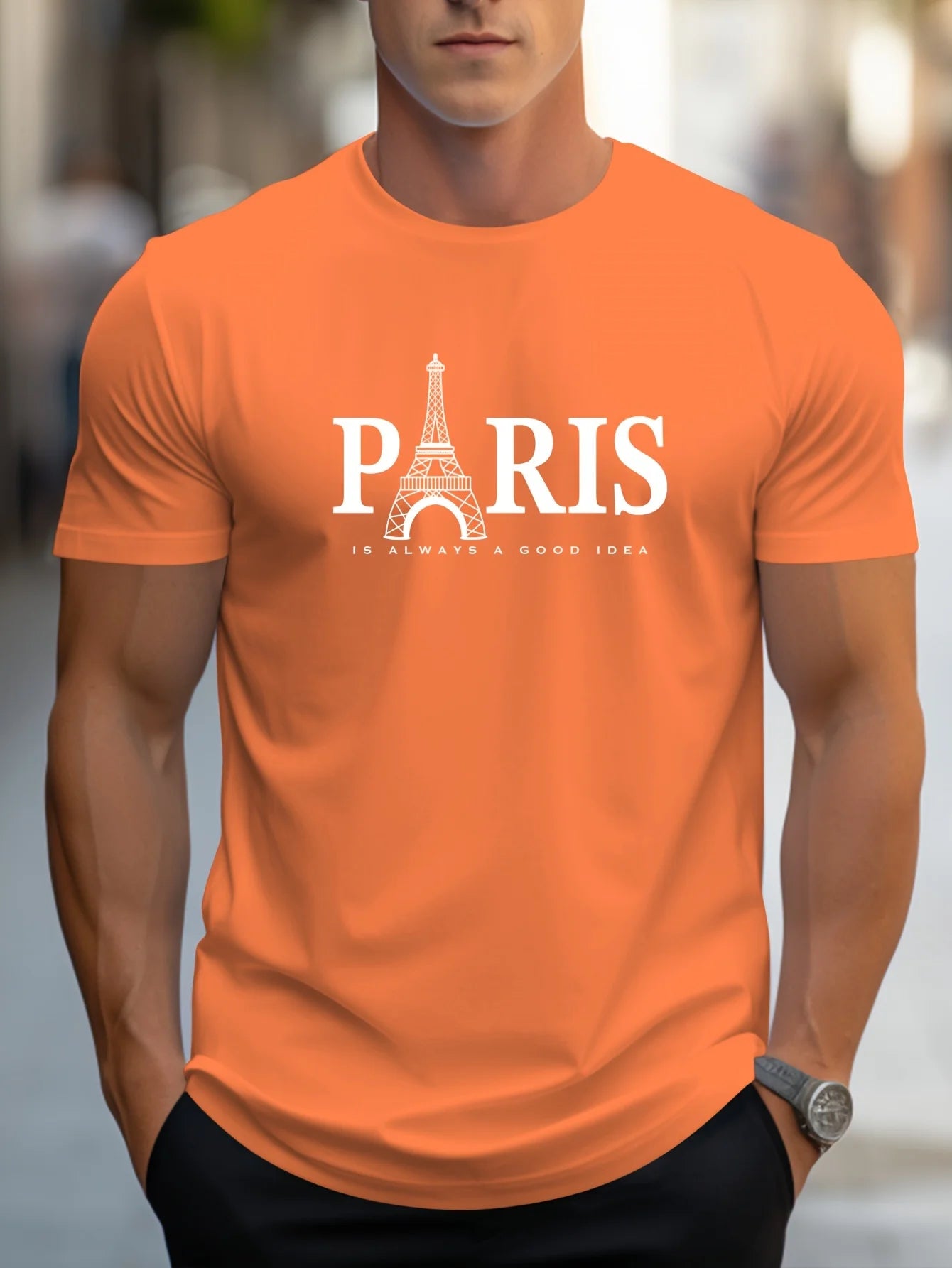 Summer Men's T Shirt Short Sleeve Paris Pattern Print Casual O-Neck Oversized