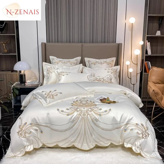 4/6Pcs White Gray Sateen Gold Embroide Luxury Satin Cotton onBedding