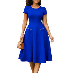 2026 Women's Elegant Simple Solid Color Dress Round Neck A-Line Shape Slimming Effect Waist-Slimming Full Dress