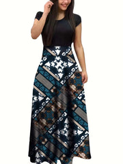 Retro Elegant Commuter Style Polka Dot High Waist  Flower Print Color Matching Short Sleeved Dress