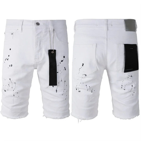 Top quality New Purples Jeans Men Trendy Elastic Edged Middle brands Pants Irregular white Color Washed Denim Shorts pants