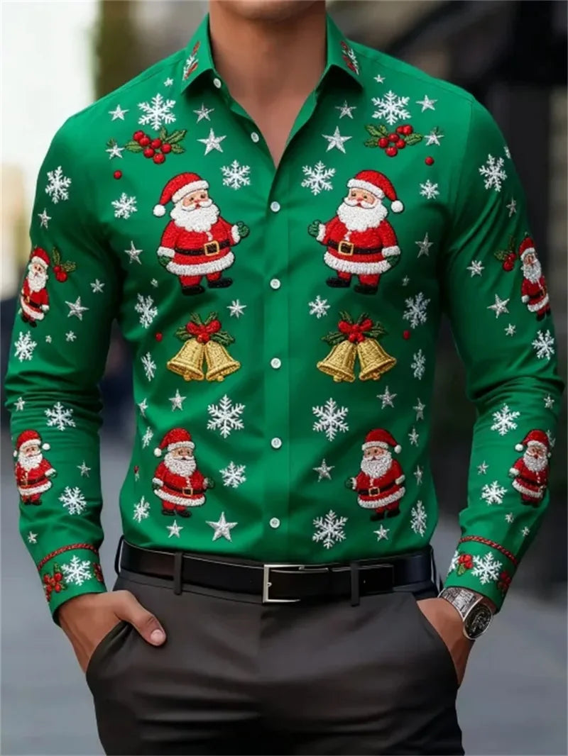 Men's business long sleeved button up shirt, Christmas 3D printed pattern, fashionable long sleeved casual shirt, high-quality c
