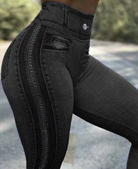 Women Leggings Jeans High Waist Running Sports Faux Denim Slim Fashion Fitness Yoga Pants Female Elastic Casual Pencil Trousers