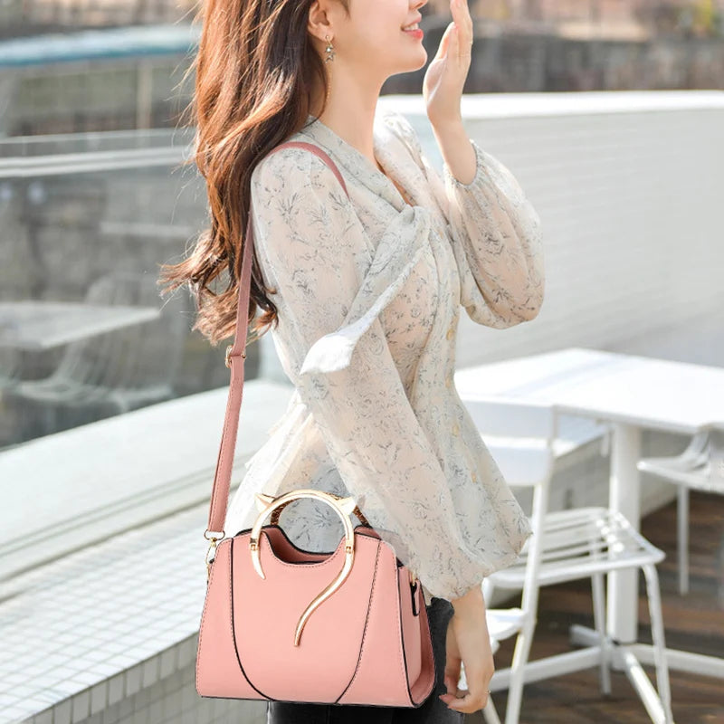 Cat Shaped Handle Women Handbag Trendy And Fashionable, Solid Color, Simple And Casual Crossbody Shoulder Shell Bag