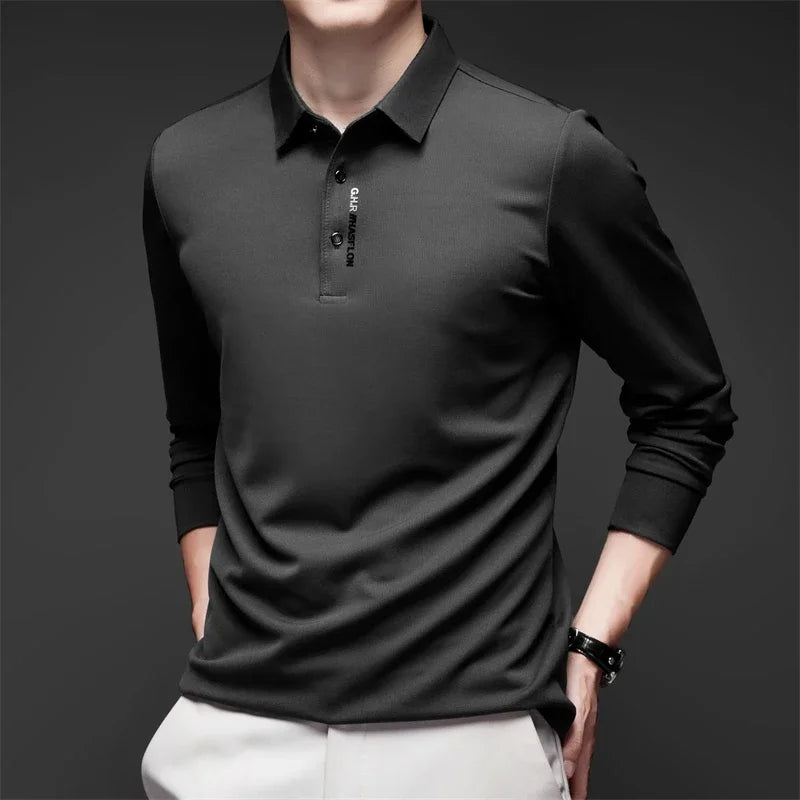 New Men's Business Casual Long Sleeved Shirt with Badge Solid Color Polo Shirt