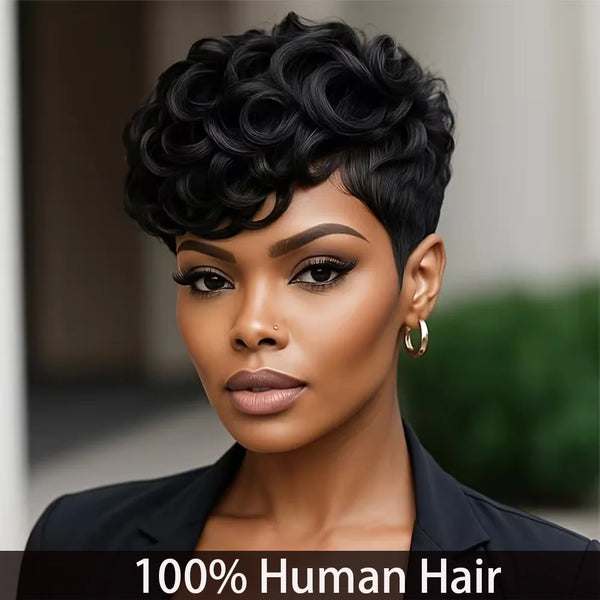 Curly Pixie Cut Wig For Women 100% Human Hair Full Machine-Made Natural Realistic Breathable Rose-Patterned Inner Net Soft Cap