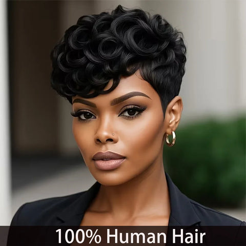 Curly Pixie Cut Wig For Women 100% Human Hair Full Machine-Made Natural Realistic Breathable Rose-Patterned Inner Net Soft Cap
