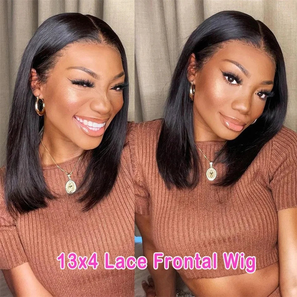 100% Vietnamese Super Double Drawn Bone Straight 13x4 Frontal Bob Wig with Human Hair Natural Black 210% Density For Black Women