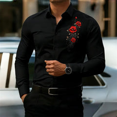Men's Long-Sleeved Shirt, Featuring a Vintage Red Rose Print Design. A Stylish Business Casual Shirt and Fashionable Men's Top.