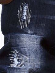 Motorcycle Trendy Straight Men's Jeans Elastic Washed Fashion Streetwear Denim Pants Embroidery Hip-Hop Trousers (Without Belt)