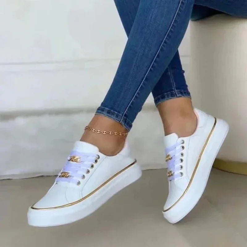 Women's Sneakers 2024 New Fashion Chain Leather Comfortable Round Toe Platform Sneakers Lace-up Walking Women's Vulcanized Shoes