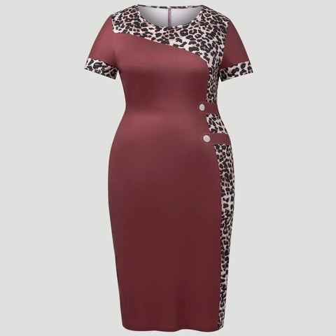 Women's Plus Size Dress Crew Neck Leopard Print Patchwork Short Sleeve Bodycon Midi Dress Elegant Spring Summer Chic Party Dress
