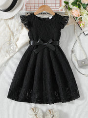 Charming Kids Piano Dress – Lace Solid Color with Belt, Elegant Wedding Performance Dress for Girls 3-10 Years