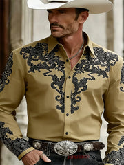 Men's Western Cowboy Style Fashion Print Long-Sleeve Shirt, Retro Lapel Slim Fit, Outdoor Casual Shirt, Sizes XS-6XL, 21 Colors