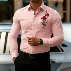 Men's Long-Sleeved Shirt, Featuring a Vintage Red Rose Print Design. A Stylish