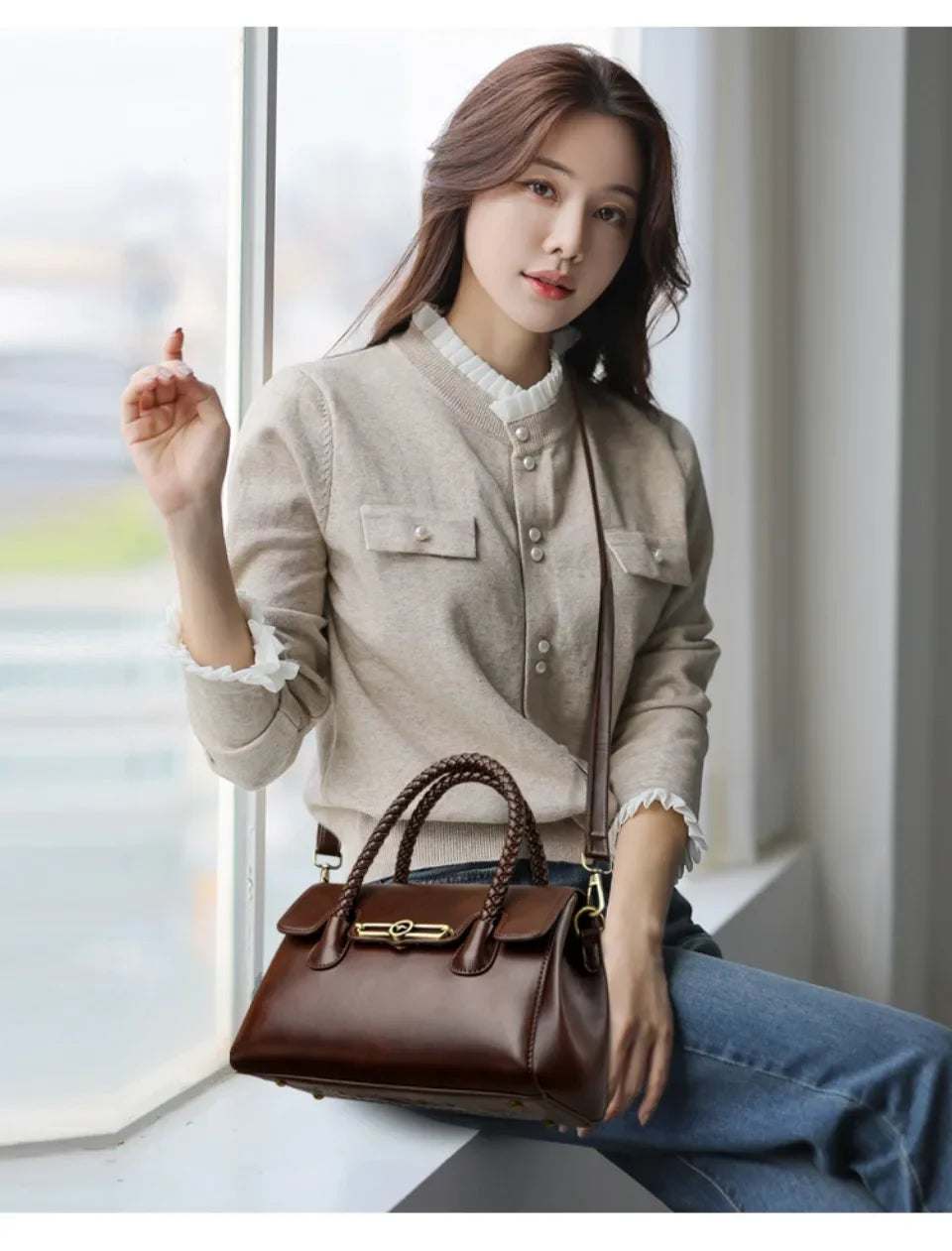 Retro High Quality Oil Leather Women Top-handle Shoulde Bags Vintage Casual Totes Trendy Lock Designer Handbag Small