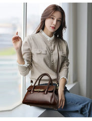 Retro High Quality Oil Leather Women Top-handle Shoulde Bags Vintage Casual Totes Trendy Lock Designer Handbag Small