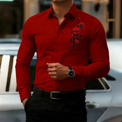 Men's Long-Sleeved Shirt, Featuring a Vintage Red Rose Print Design. A Stylish