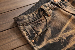 Jeans Men Vintage Distressed Pencil Pants Mid Waist Zipper Pockets Slim Ankle Length Trousers