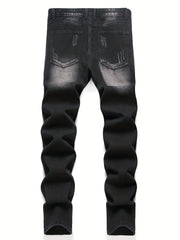 Men’s trendy streetwear: black ripped straight-leg jeans – an excellent gift for husbands or boyfriends.