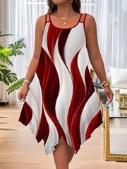 Plus-size women's fashion asymmetrical geometric stripes printed double strap dress