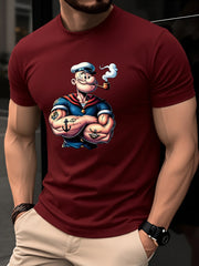Summer Men's 100% Cotton Casual Fashion Classic Cartoon Pattern Printed Loose Sports Round Neck Short Sleeve T-shirt