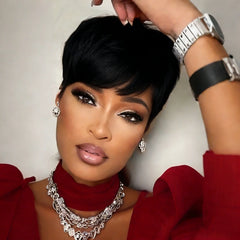 Straight Pixie Cut Bob Wig Human Hair for Women Machine Made Short Wigs with Pre-Styled Bangs Natural Looking Daily Wear