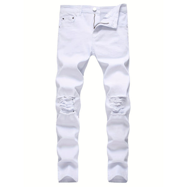 Skinny Stretch Ripped Jeans Men's Distressed Kpop Slim Fit Denim Pants American Street Style Rock Hip Hop White Black Trousers