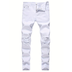 Skinny Stretch Ripped Jeans Men's Distressed Kpop Slim Fit Denim Pants American Street Style Rock Hip Hop White Black Trousers
