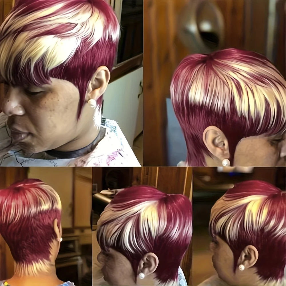 Human Hair Wig Pixie Cut Wig Highl Short Human Hair machine Women