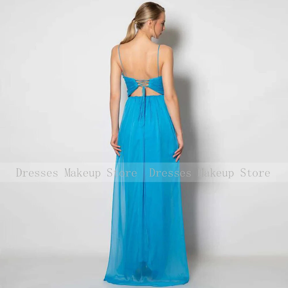 Concert Costumes Elegant Gemstone Sky Blue Chiffon Pleat Front Fork Elegant dress