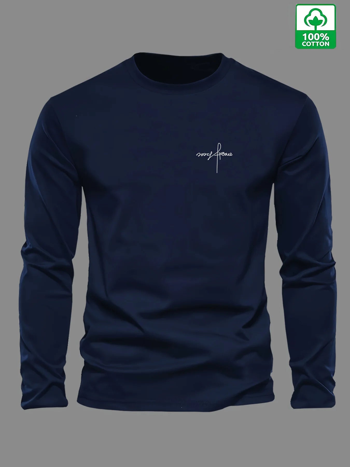 Men's 100% pure cotton loose and comfortable sports and leisure letter printed round neck long sleeved T-shirt top