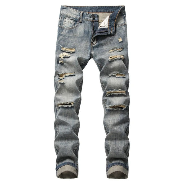Punk Street Style Ripped Skinny Jeans Men Vintage Wash Solid Denim Trouser Mens Casual Slim Fit Pencil Denim Holes Pants 2024