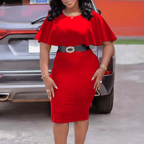 Elegant Office Dressi for women O Neck ruffles sleeve belt waisted sheath package hips  Mid Calf Formal Business Work Dre