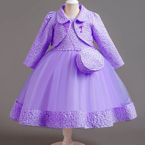 Spring Flower Girl Elegant Dresses for Wedding Girls’ Formal Dress with Bag 3 PC Set Long Sleeve