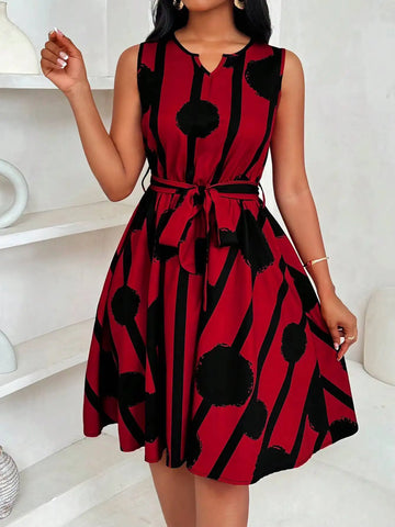 Mini Dress Spring Summer Women Red Black Brush Print Sleeveless Notch Neck Self Tie A-Line Casua dressl
