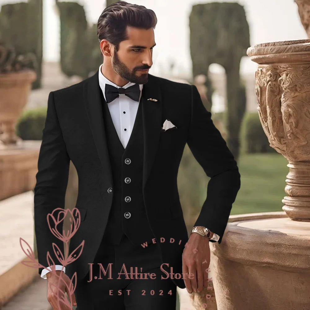 Men's White Jacquard Suit 3pcs Jacket Vest Pants Elegant Formal Fashion Set for Groom Wedding Prom Party Stylish Custom Tuxedo