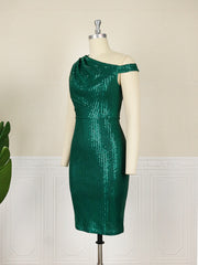 Sequins Dresses Knee Length Cold Shoulder Green Luxury Retro  Evening Cocktail Birthday Party