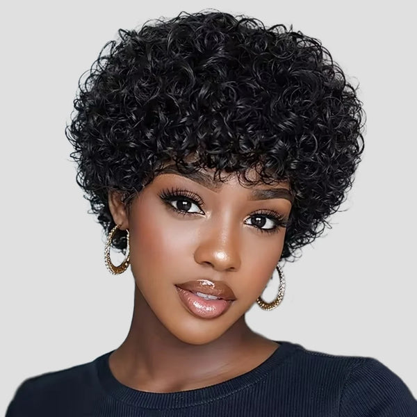 Jerry Curly Bob Wig Bouncy Wave Human Hair Wigs For Black Women 8 Inch Short Pixie Afro Kinky Curly Wig With Bangs Hair Wigs