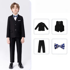 90-170 Teenager Kids Spring Beige 4Pieces/s Jacket Vest Pants Bowtie Wedding Dress Boys Photography Suit Children Host Costume