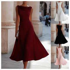 Elegant Sleeveless Cowl Neck Midi Dress with Pleated Waist and Flowing A Line Skirt for Formal Occasions